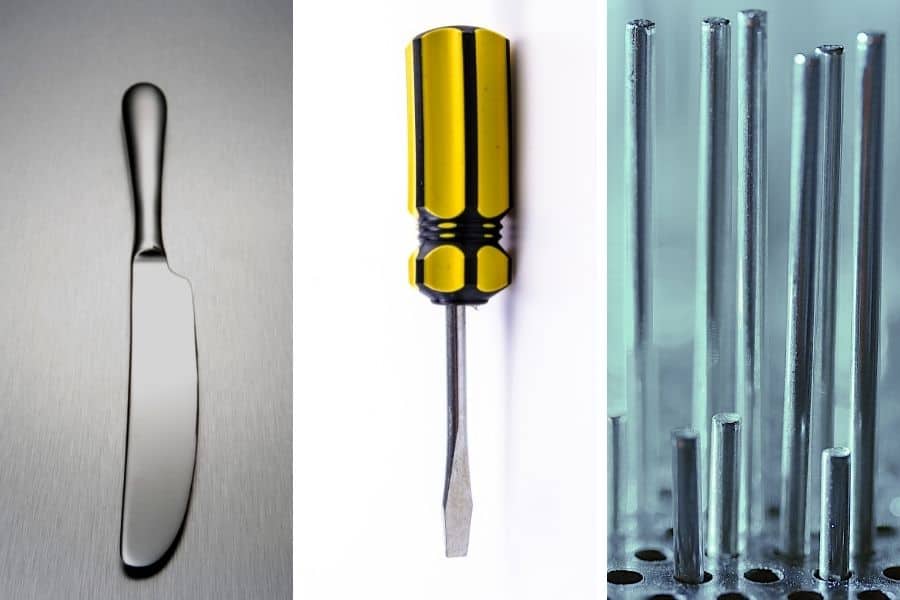 Butter knife, screwdriver, and small metal rod